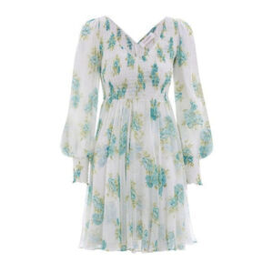 Zimmermann Silk Green White Floral Smocked Babydoll Mini Dress Size 1 M No Liner